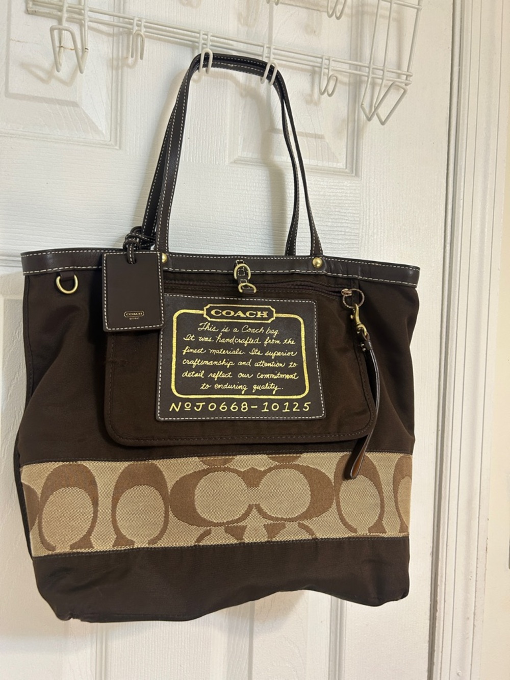 RARE Coach Brown and Beige Signature Canvas Tote with Leather Trim (style #10125